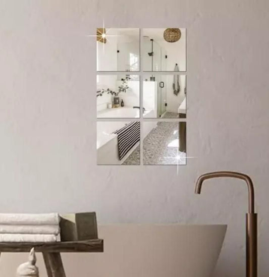 CozyNest™ Luxe 3D Silver Mirror Wall Sticker Set – 4 Big Square Acrylic Panels (15x15 cm)