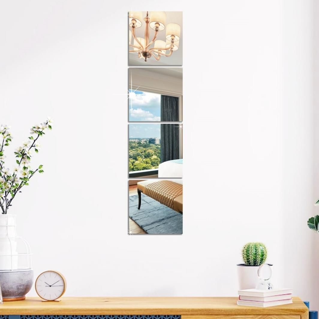 CozyNest™ Luxe 3D Silver Mirror Wall Sticker Set – 4 Big Square Acrylic Panels (15x15 cm)