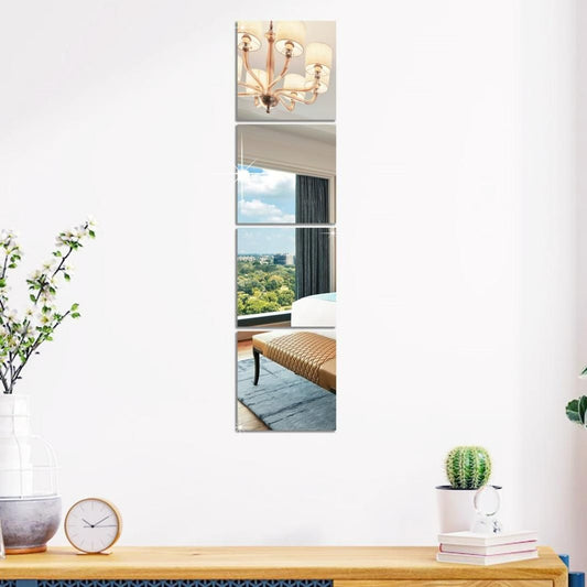 CozyNest™ Luxe 3D Silver Mirror Wall Sticker Set – 4 Big Square Acrylic Panels (15x15 cm)